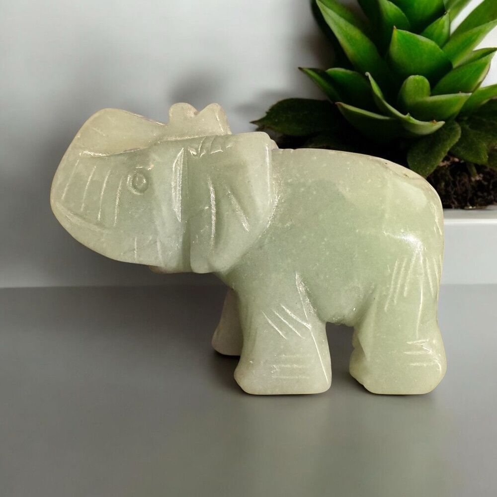 Jade Stone Carved Green Trunk Up Elephant Figurine 3" Home Shelf Decor
